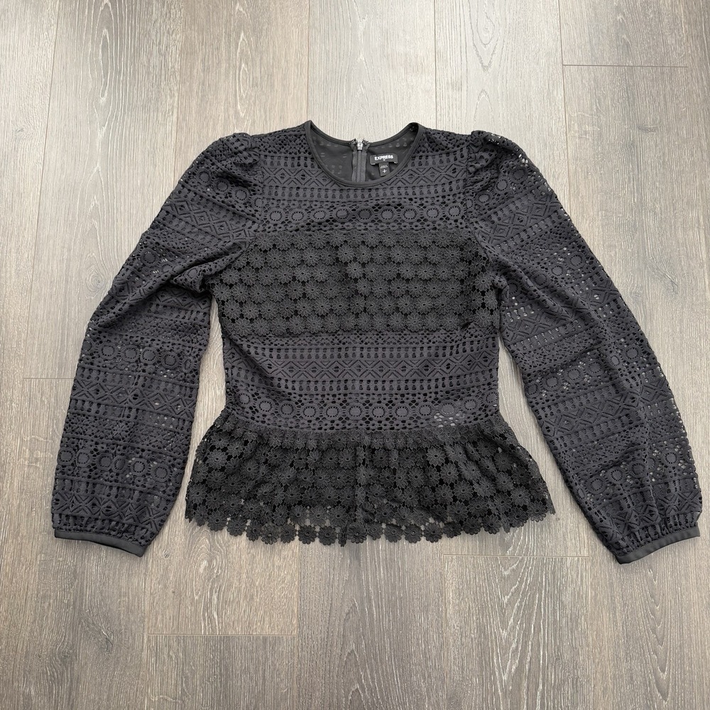 Express Crochet Lace Puff Sleeve Top Womens S Black Peplum Whimsigoth Romantic‎